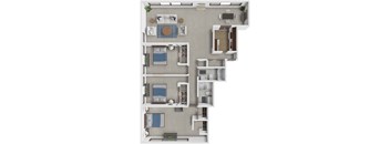 A floor plan of a two-story apartment with a living room, kitchen, and bedrooms.
