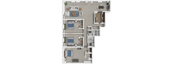 A 3D floor plan of a house with a kitchen, living room, and bedrooms.
