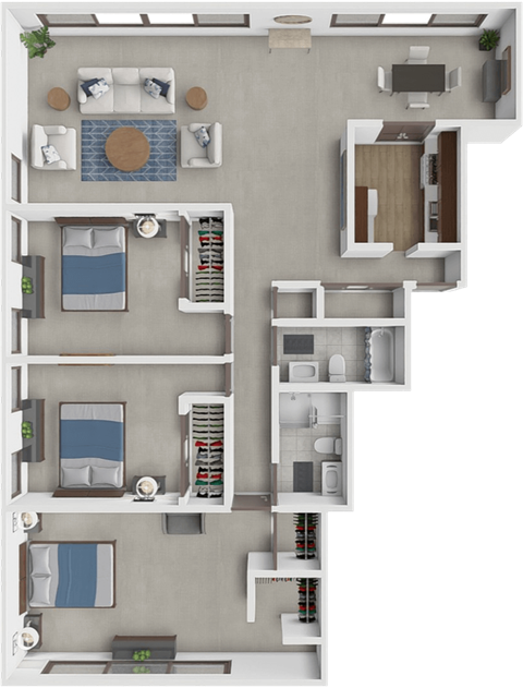 A 3D floor plan of a house with a kitchen, living room, and bedrooms.