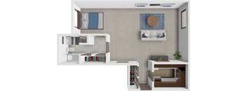 A white and grey kitchen with a blue tile backsplash and a white sofa with blue pillows.