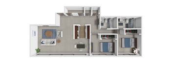 A 3D floor plan of a modern apartment with a living room, kitchen, and two bedrooms.