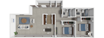 A 3D rendered image of a house layout.
