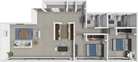 A 3D rendered image of a house layout.