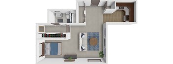 A 3D floor plan of a house with a kitchen, living room, and bathroom.