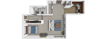 A 3D rendered image of a modern apartment layout.