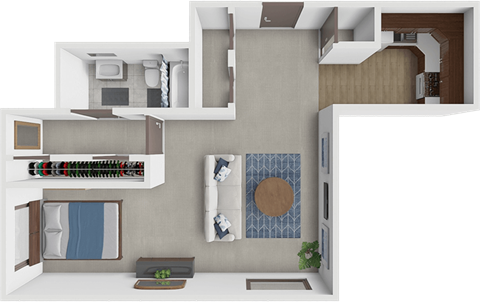 A 3D rendered image of a modern apartment layout.
