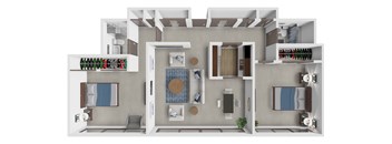 A 3D floor plan of a house showing a kitchen, living room, and two bedrooms.