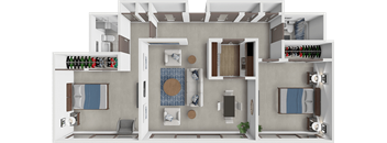 A 3D floor plan of a house showing a kitchen, living room, and bathroom.