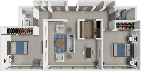 A 3D floor plan of a house showing a kitchen, living room, and bathroom.
