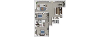 A floor plan of a house with a kitchen, living room, and two bedrooms.