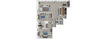 A 3D floor plan of a small apartment with a bedroom, living room, kitchen, and bathroom.