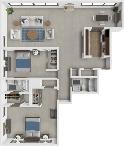 A 3D floor plan of a small apartment with a bedroom, living room, kitchen, and bathroom.
