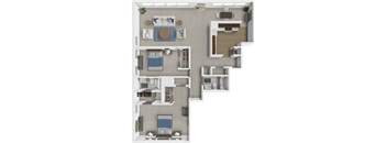 A 3D floor plan of a house with a living room, kitchen, dining room, and bedrooms.