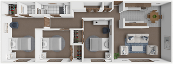 A 3D floor plan of a house showing the layout of the rooms.