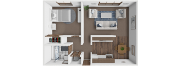 A 3D rendered image of a modern living room with a sofa, a coffee table, and a TV.