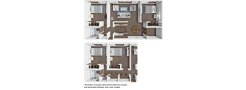 A set of two images showing different layouts of a small apartment.