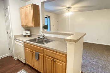 a kitchen with a sink and a mirror
