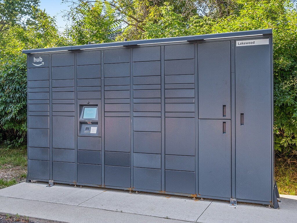 A grey amazon hub for community package delivery