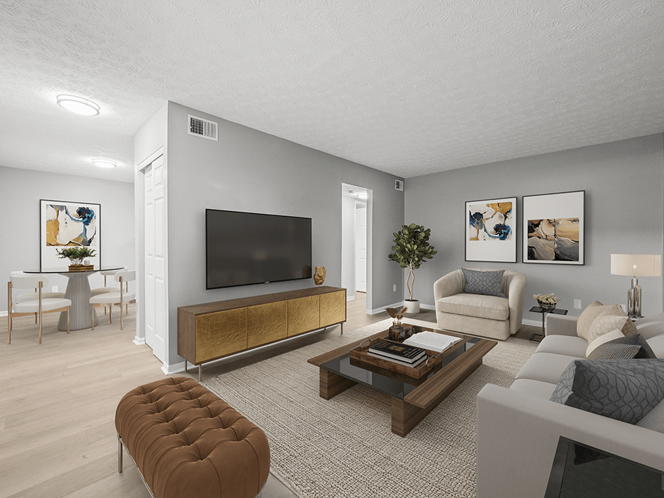 Modern living room with updated flooring in open concept apartment