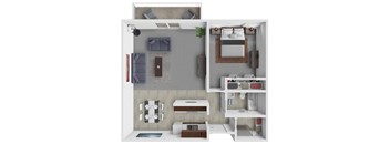 A 3D rendered image of a modern bedroom with a bed, nightstand, and a mirror.