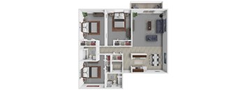 A 3D floor plan of a small apartment with two bedrooms, a living room, and a kitchen.