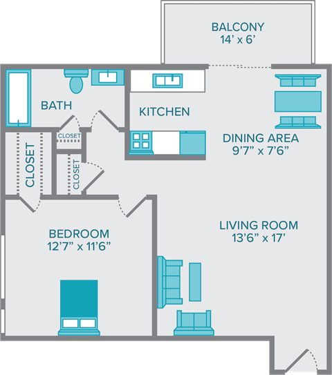the cutler one bedroom one bathroom floorplan
