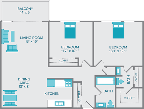 the meade two bedroom one and a half bath floorplan