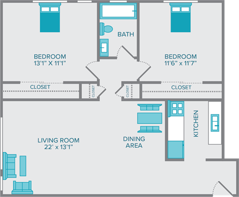 the ontario two bedroom one bath floorplan