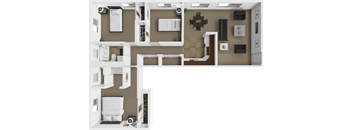 A 3D rendered image of a modern kitchen and living room.