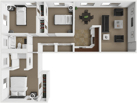 A 3D rendered image of a modern kitchen and living room.