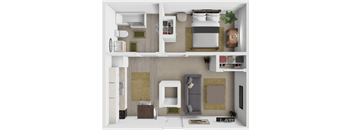 a 3d rendering of a bedroom with a bathroom and a living room