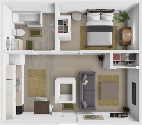 a 3d rendering of a bedroom with a bathroom and a living room