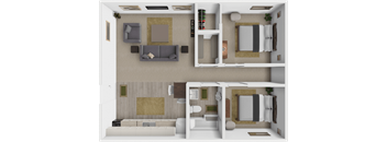 a 3d rendering of a bedroom with a living room and a bathroom