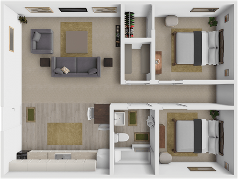 a 3d rendering of a bedroom with a living room and a bathroom