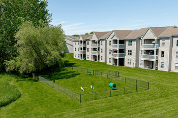 A dog park in a grassy area in front of apartment buildings.