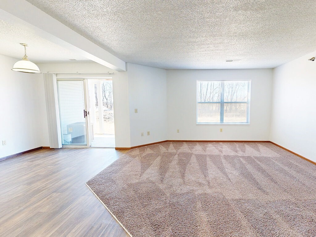 A room with a rug on the floor and a door leading to a balcony.