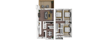 A set of four images showing different layouts of a room with furniture.
