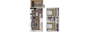 A floor plan of a two-story apartment with a living room, kitchen, and bedrooms.