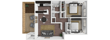 A top-down view of a modern apartment layout with a kitchen, living room, and bedroom.