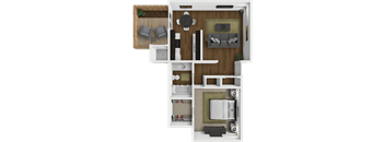A top-down view of a modern apartment layout with a living room, dining area, kitchen, and bedroom.