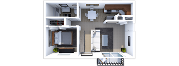 a 3d rendering of our 1 bedroom apartment at the crossings at white marsh apartments in white
