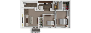 A 3D rendered image of a modern apartment layout.