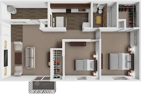 A 3D rendered image of a modern apartment layout.