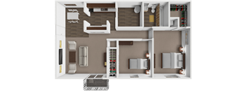 A 3D rendered image of a modern apartment layout.