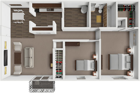 A 3D rendered image of a modern apartment layout.