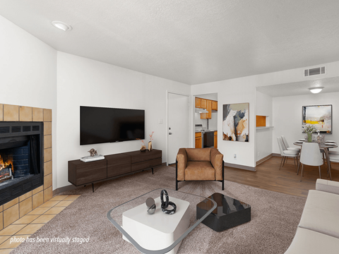 A living room with a fireplace and a flat screen TV.