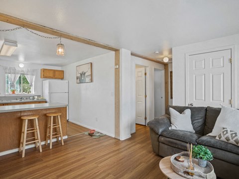 a living room with a couch and a kitchen with a bar