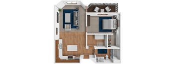 A 3D floor plan of a house showing a living room, kitchen, and bathroom.
