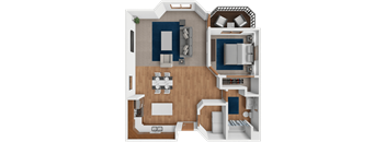 A top-down view of a house layout with a living room, kitchen, and bedrooms.