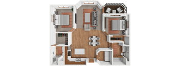 A 3D rendered image of a house layout with a kitchen, living room, dining area, and two bedrooms.